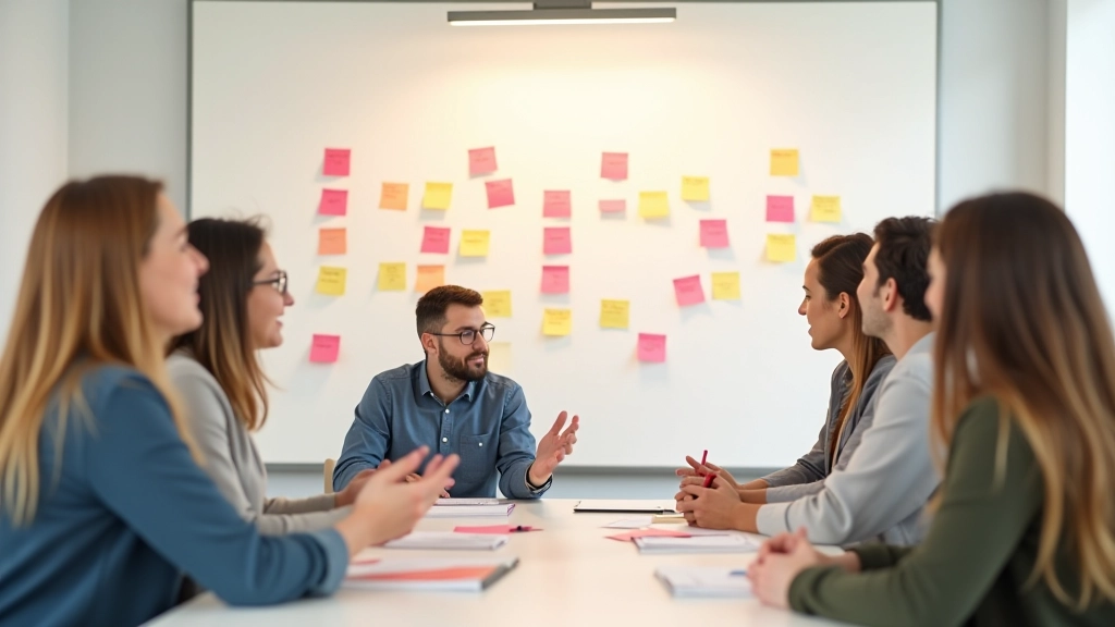 Gruppe af kolleger i brainstorming-møde, klæbrige noter på whiteboard, diverse blandede mennesker, lyst kontorlokale med naturligt lys