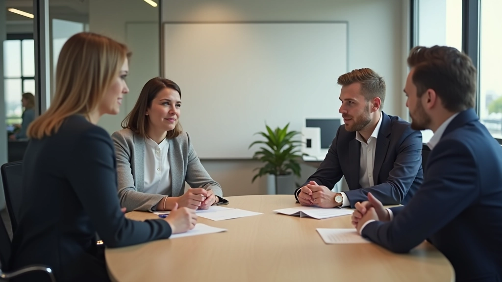 Gruppe af mennesker som taler ved møde bord, professionelt, kollegaer i samtale, modernt kontorrum, naturligt lys, skarp detalje
