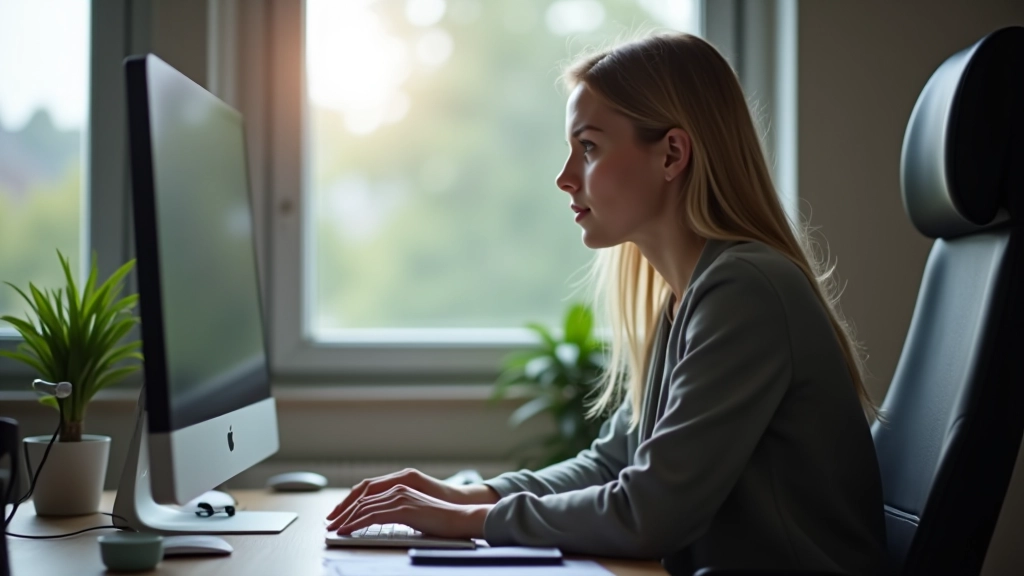 Person som arbejder ved computer ved window, seriøs arbejdskulde, naturlig dagslys, professionelt miljø, øvre kropskud, skarpt fokus