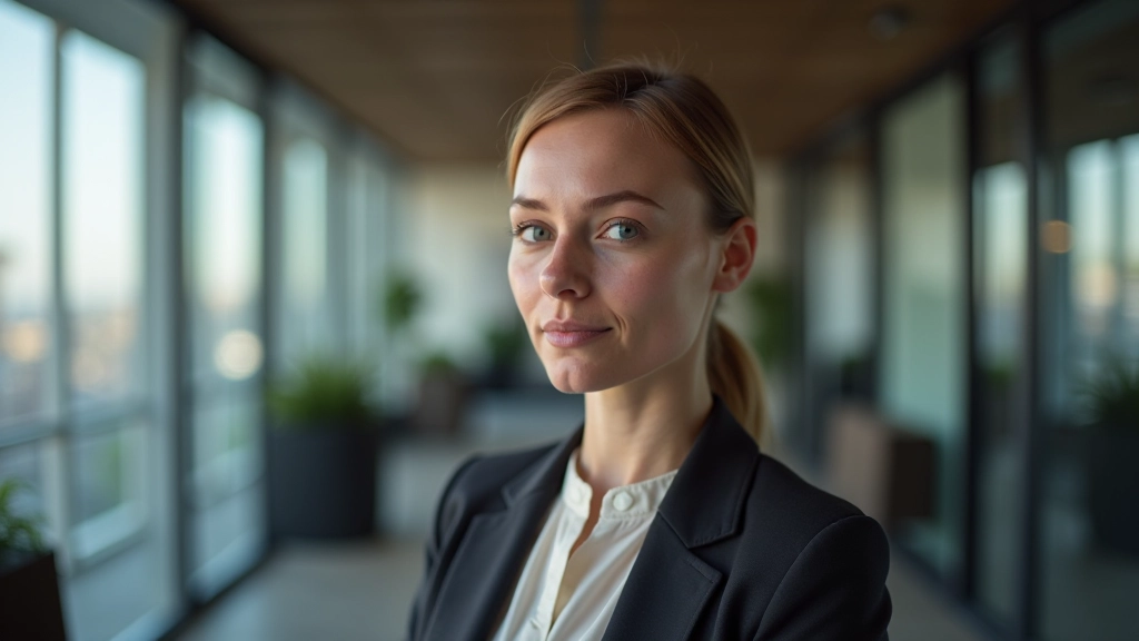 Person som ser ud af vindue med hofuldt ansigtsudtryk, reflektiv, naturligt lys fra siden, moderne kontor, øvre kropskud, skarpt fokus