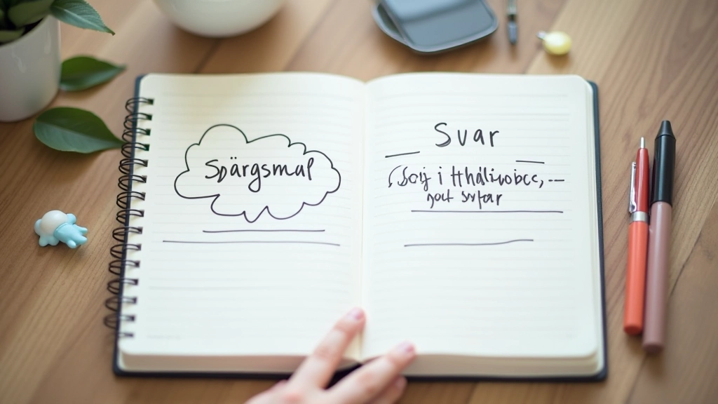 Struktureret notesbog med spørgsmål og svar skema, hvid baggrund, klar struktur