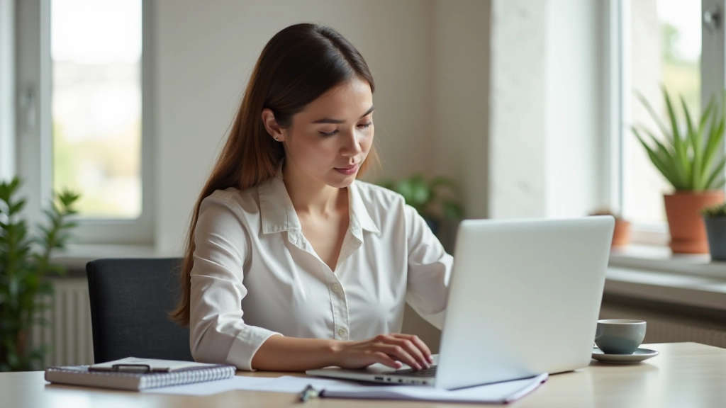 Kvinde ved sit skrivebord, arbejder på laptop, notesblok og kaffekop til siden, minimalistisk kontormiljø, dagslys fra vindue